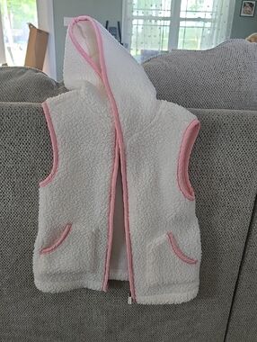Children's White Sherpa Hooded Vest with Pink Trim